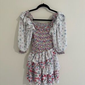 Pink and Red Smocked Mini Sundress with Puff Sleeves